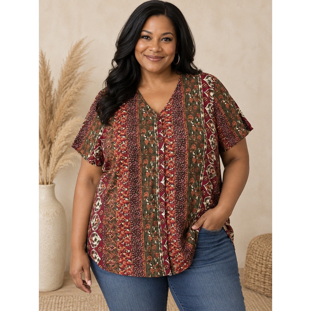 Capistrano Top Women Size 22W Red Brown Button Front Boho Rayon USA Aztec Tribal